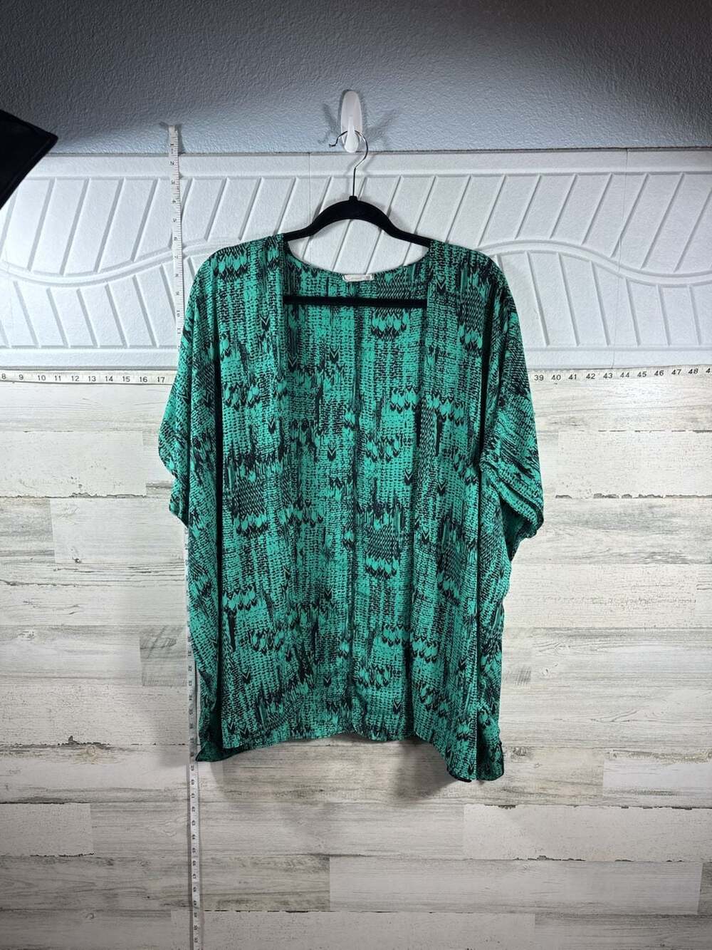 Soprano Green Black Abstract Print Chiffon Open Front Kimono Cardigan Large